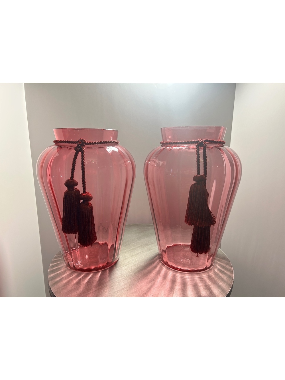 Pair of Large Pilgrim Glass Cranberry Optic Vases 11 inch - Perfect!